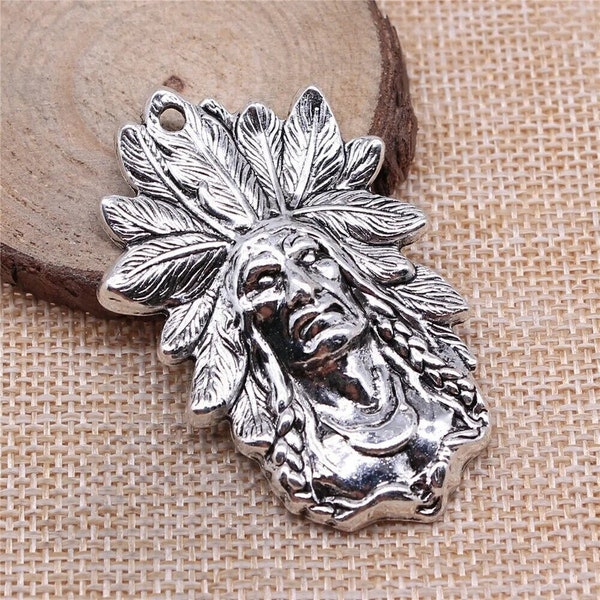 Large Silver Indian Chief Charm, Silver Tone Charms (T-17)