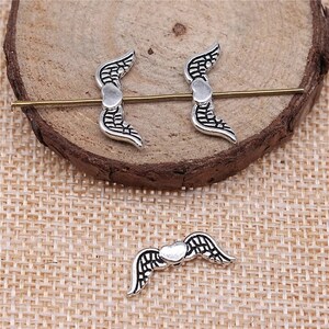 10 Silver Angel Wing Spacer Bead, Heart Wing Spacer, Antique Silver Tone Beads (I-14)