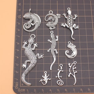 May include: Eight silver-toned lizard charms with intricate details. The charms are various sizes and shapes, with some featuring a textured finish.