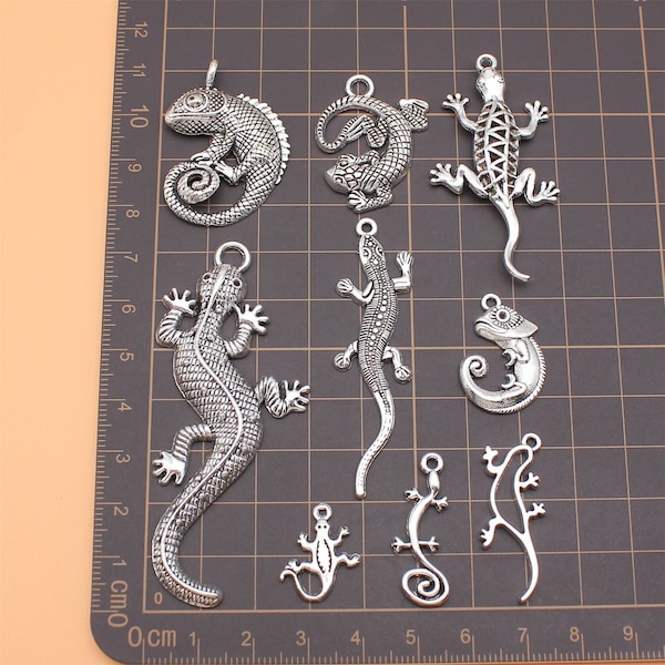 9 BULK Silver Lizard Charms, Gecko Charms, Mixed Lot of Charms (H-103)