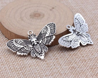 2 Silver Butterfly Skull Charms, 27x43mm, Antique Silver Tone (D-245)