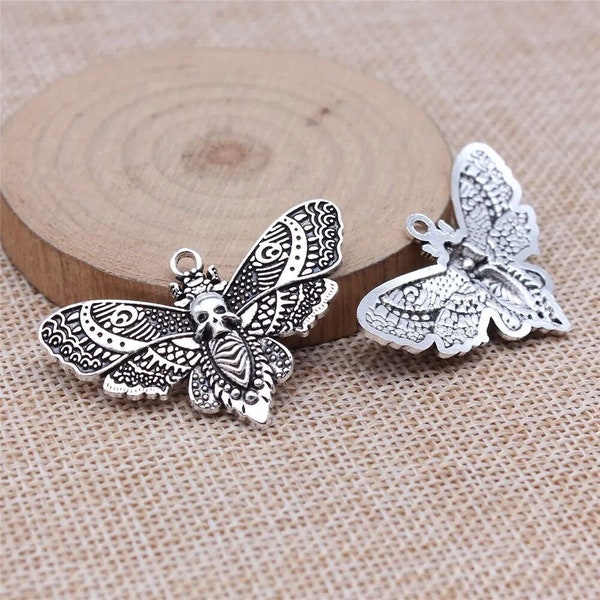 2 Silver Butterfly Skull Charms, 27x43mm, Antique Silver Tone (D-245)