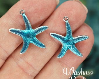 3 Enamel Starfish Charms, Silver Tone Stainless Steel Charms (D-69)