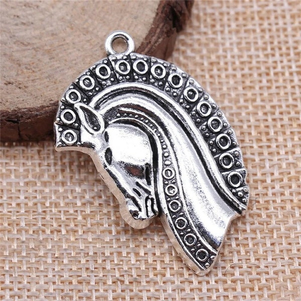 Silver Trojan Horse Head Charms, 36x26mm, Antique Silver Tone Charms (O-228)