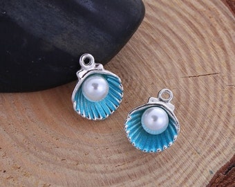 5 Faux Pearl Blue Seashell Charms, 15x12mm, Silver Tone Charms (D-41)