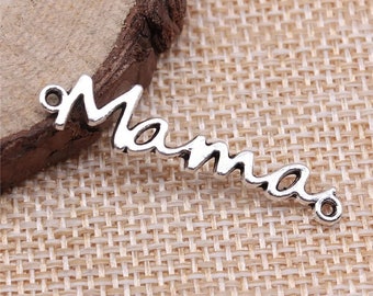 8 Silver Mama Word Connector Charms, Mom Charms, 8x37mm, Antique Silver Tone (L-109)