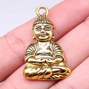 Gold Buddha Charm, 39x23mm, Antique Gold Tone Charm (R-83)