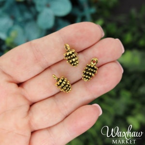 10 Gold Pine Cone Charms, Antique Gold Tone (C-166)