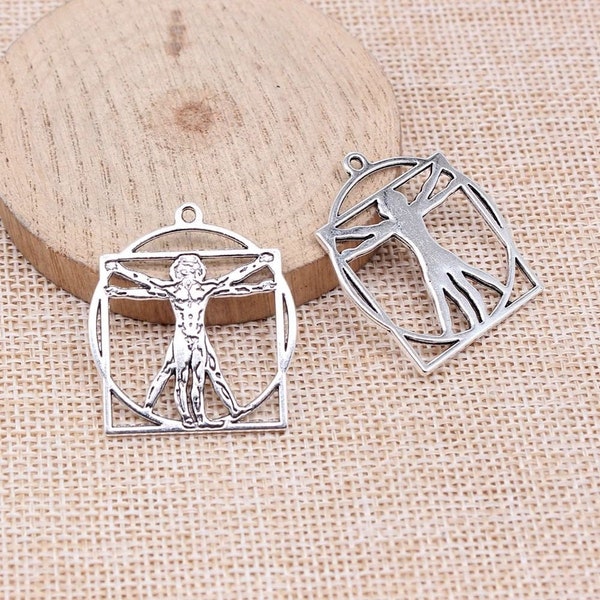 2 Silver Vitruvian Man Charms, 34x30mm, Antique Silver Tone (U-168)