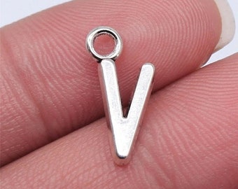 12 Silver Letter V Charms, Alphabet Charms, Silver Tone Charms (I-11)