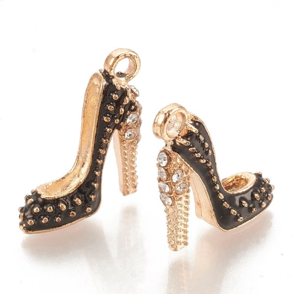 Black Enamel High Heel Shoe Charm, Gold Tone Enamel Charm (A-238)