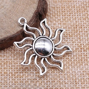 2 Silver Sun Charms, 35x31mm Antique Silver Tone Charms (E-42)