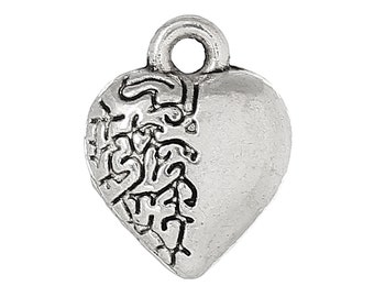 10 Heart Charms, 2 Sided, Silver Tone Charms (K-219)