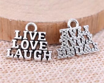 4 Silver Live Laugh Love Word Charms, 16x13mm, Silver Tone Charms (I-130)