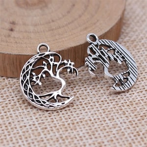 3 Silver Crescent Moon Tree of Life Charms, Antique Silver Tone Charms (M-201)