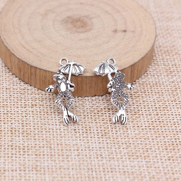 5 Silver Frog with Umbrella Charms, 27x16mm, Silver Tone Charms (O-141)