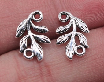 8 Silver Leaf Connector Charms, Silver Tone Charms (P-34)