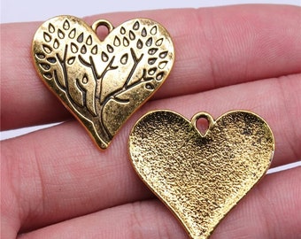 2 Gold Heart Tree of Life Charms, 28x26mm, Antique Gold Tone Charms (G-85)