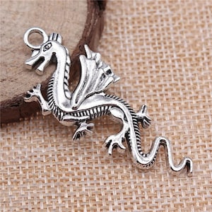 2 Silver Dragon Pendants Charms, 49x20mm, Silver Tone Charms (M-13)