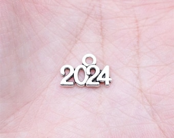 20, 50 Silver Year 2024 Charms, 9x14mm, Silver Tone Charms (O-111)