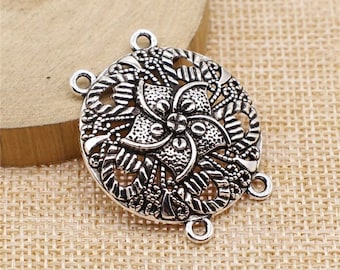 2 Flower Connector Charms, 31x36mm, Silver Tone Charms (B-54)