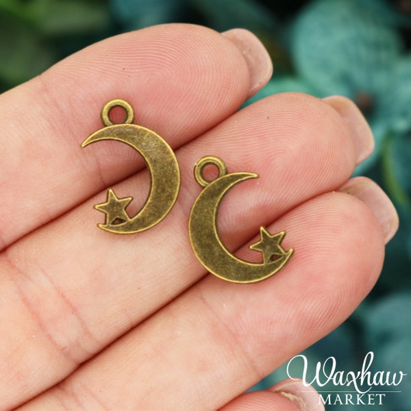 9 Bronze Moon and Star Charms, 17x11mm, Antique Bronze Tone (E-52)