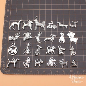 BULK 24 Silver Dog Charms, Dog Breed Charms, Mixed Lot of Charms (N-233)