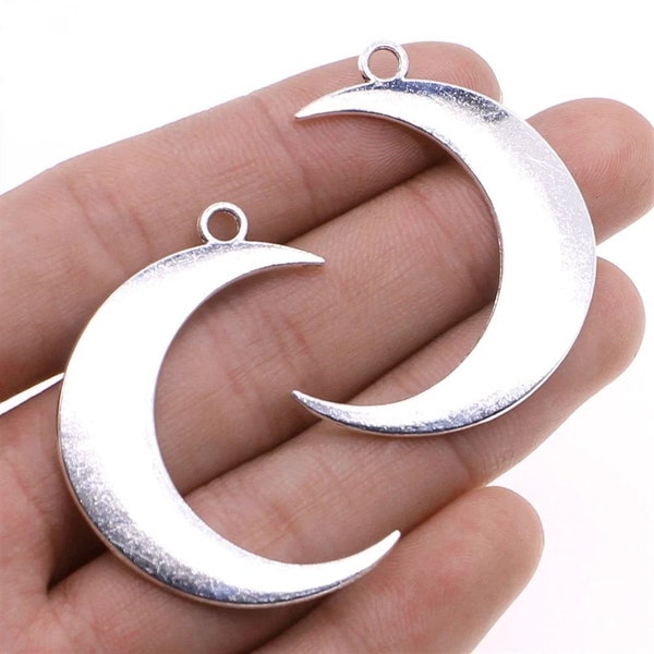 2 Silver Crescent Moon Charms, 42x43mm, Silver Tone Charms (N-133)