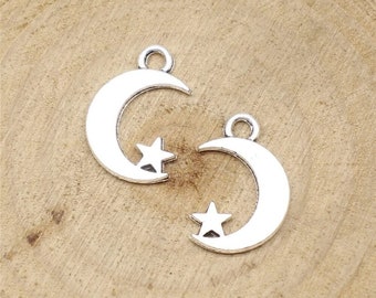 12 Silver Moon and Star Charms, Silver Tone Charms (L-149)
