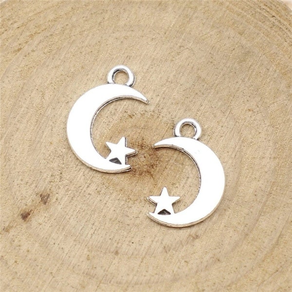 12 Silver Moon and Star Charms, Silver Tone Charms (L-149)