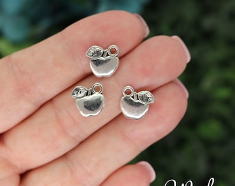 10 Silver Apple Charms, Fruit, Teacher, 2 Sided, Silver Tone Charms (B-32)