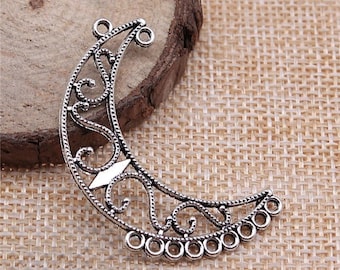 2 Silver Crescent Moon Earring Connector Charms, 45x10mm, Silver Tone Charms (N-138)