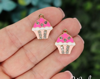 2 Pink Rhinestone Cupcake Charms, Gold Plated Enamel (C-55)