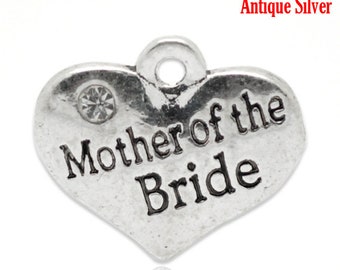 4 Mother of the Bride Charms, 2 Sided w/Rhinestone, Silver Tone Charms (C-75)