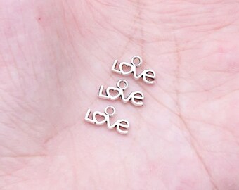 20 Silver Love Word Charms, 6x12mm, Silver Tone Charms (C-11)