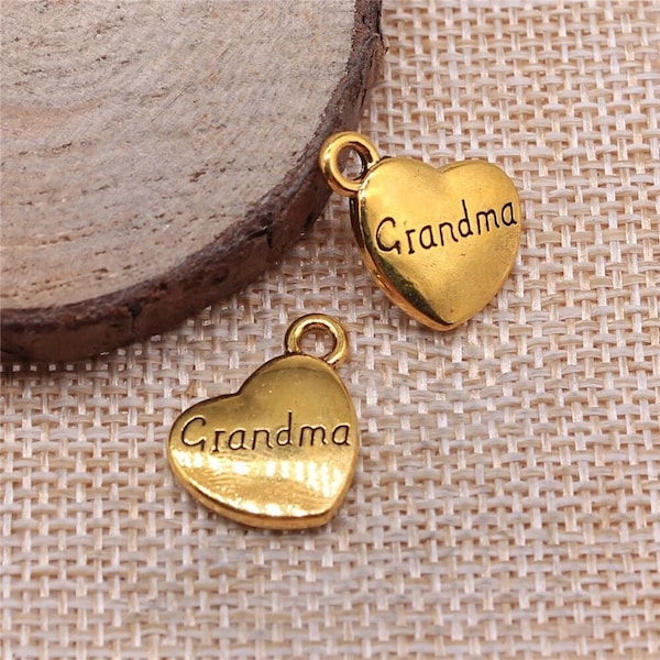 3 Gold Grandma Engraved Heart Charms, 2 Sided, Antique Gold Tone (C-167)