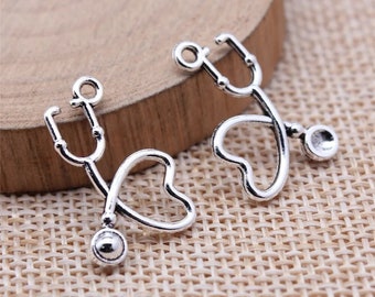 10 Silver Heart Stethoscope Charms, Nurse Charms, Antique Silver Tone (I-191)