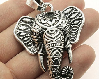 Large Boho Elephant Charm, Silver Tone Charms (M-65)