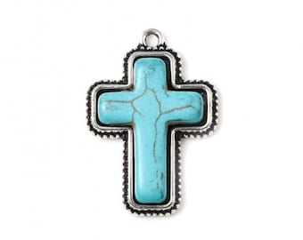 Silver Boho Turquoise Cross Charms, 32x23mm , Silver Tone Charms (M-184)