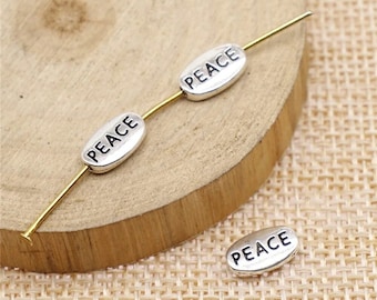 8, 40 Silver Peace Beads, 2 sided, 10x6m, Silver Tone Charms (J-158)