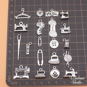 BULK 20 Silver Sewing Charms, Kniitting Charms, Mixed Lot of Charms (N-237)