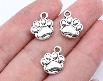 6 Silver Dog Paw Charms, 2 Sided, 14x12mm, Silver Tone Charms (J-129)