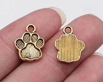 10 Gold Dog Paw Charms, Antique Gold Tone Charms (C-192)