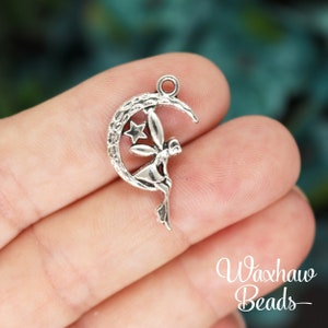 8, 20 Silver Moon and Fairy Charms, Silver Tone Charms (O-15)