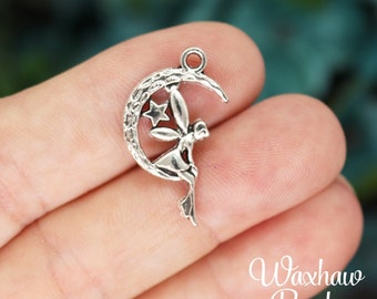 8, 20 Silver Moon and Fairy Charms, Silver Tone Charms (O-15)
