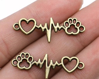 5 Bronze Heart Paw Heartbeat Connector Charms, 12x34mm, Bronze Tone (C-102)