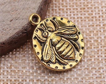 2 Gold Bee Charms, 2 Sided, 24x20mm, Antique Gold Tone Charms (R-86)