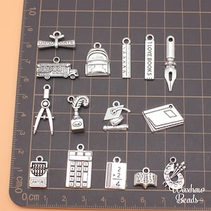 BULK 15 Silver Set of School Supply Charms, Teacher Charms, Mixed Lot of School Charms (J-138)
