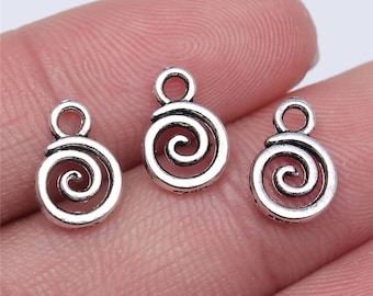 20, 40 Bulk Silver Round Swirl Charms, Spiral Charms, 11x8mm, Silver Tone Charms (F-214)