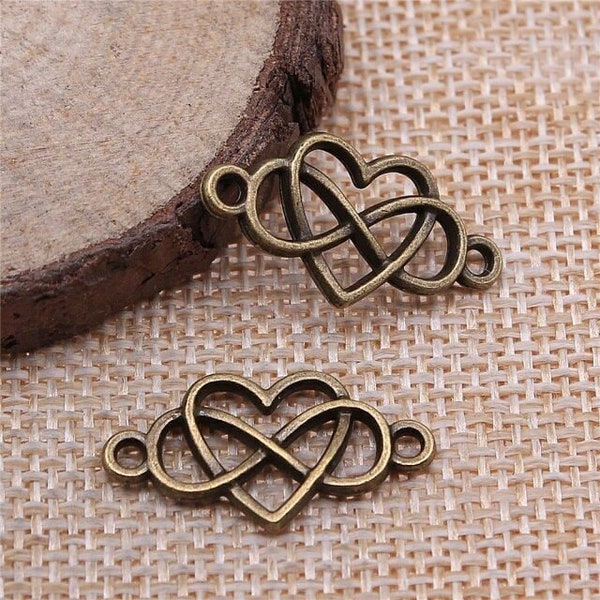 10 Bronze Heart Infinity Connector Charms, 13x25mm Antique Bronze Tone (B-201)